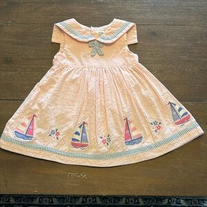 New JoJo Maman Bebe Pink Seersucker w/Blue Sailboats Dress and Panties